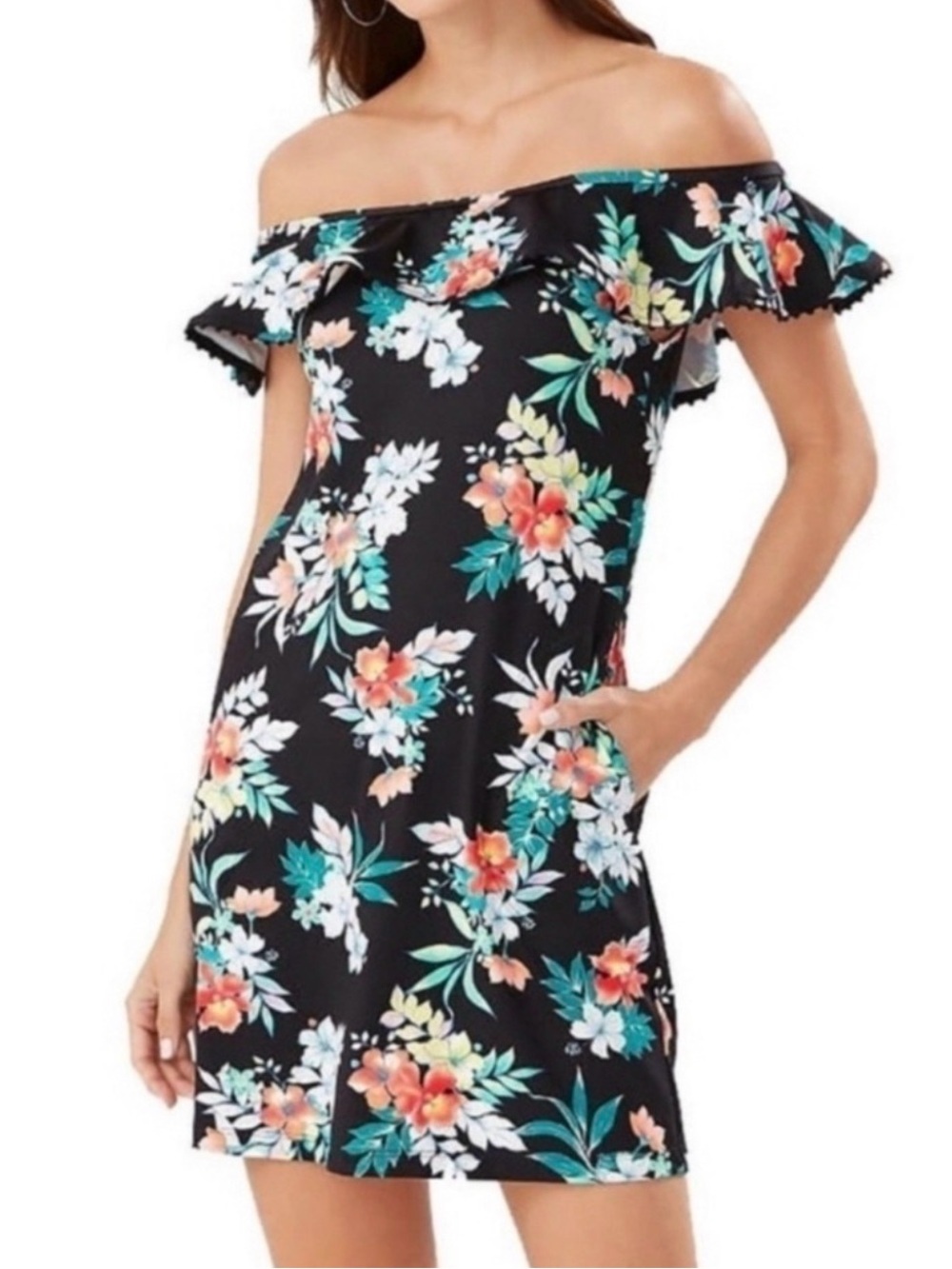 Tommy Bahama Womens Off The Shoulder Floral Island Cays Dress Size L Swim